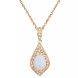 NEW - 14k Gold Over Sterling Silver w/ Lab White Sapphire & Opal Necklace 18"